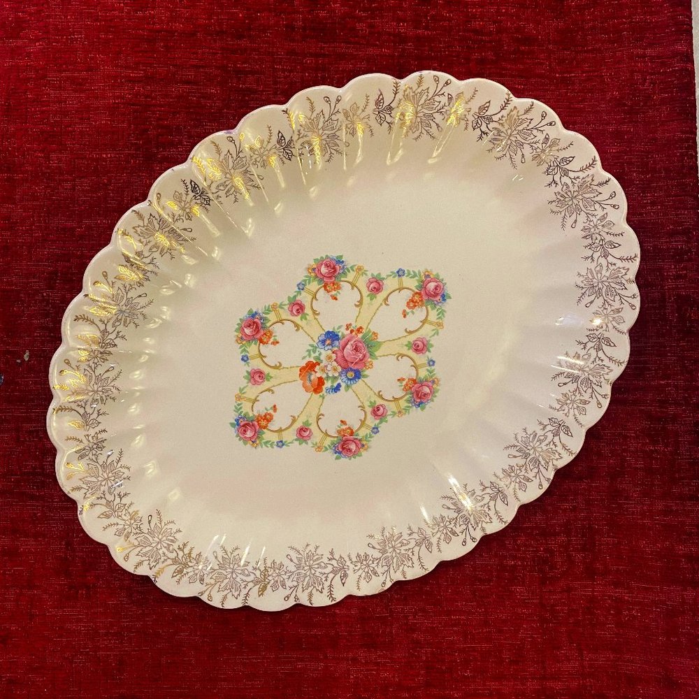 Antique Ivory Franklinware 22 K Gold 9”x11 1/4” Platter